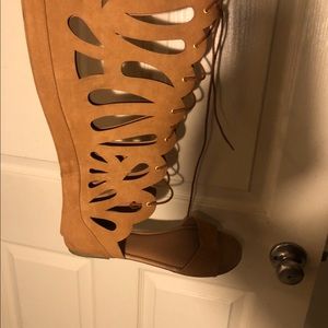 Scalloped Lace-Up Knee High Tan Sandals